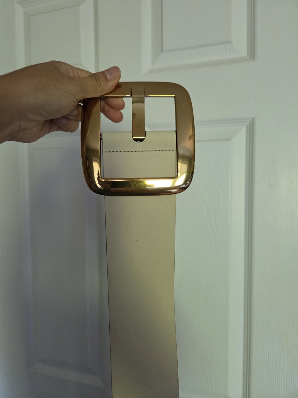 Gold Buckle Cream Wide Leather Belt